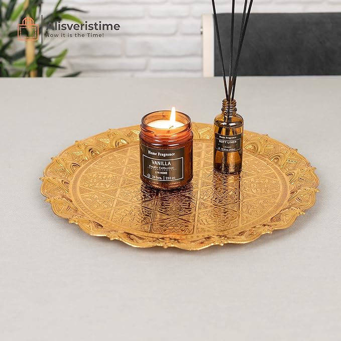 Alisveristime Turkish Ottoman Coffee Tea Beverage Serving Zamac Tray (34cm - 13,38inch) (750 Gram - 1,65 pounds) (Gold)