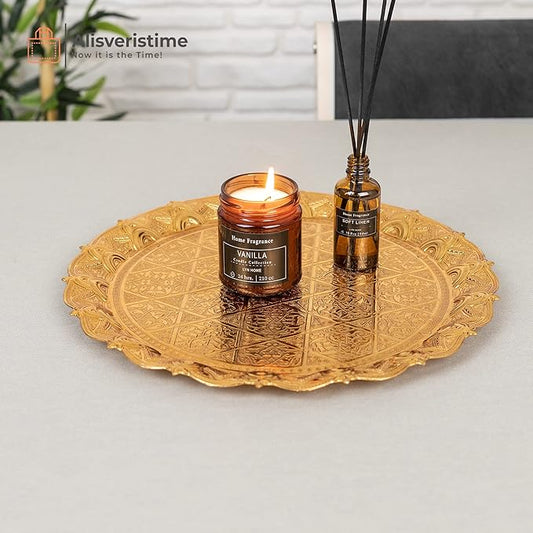 Alisveristime Turkish Ottoman Coffee Tea Beverage Serving Zamac Tray (34cm - 13,38inch) (750 Gram - 1,65 pounds) (Gold)