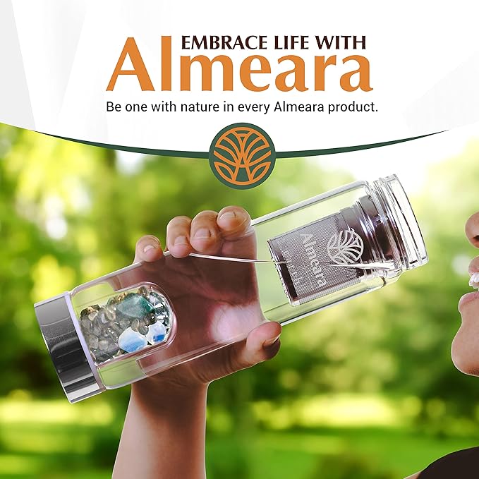 Almeara Crystal Water Bottle with Authentic Moss Agate, Opal Stones & Smoky Quartz Removable Gemstones, Loose Leaf Tea Infuser - Relaxation