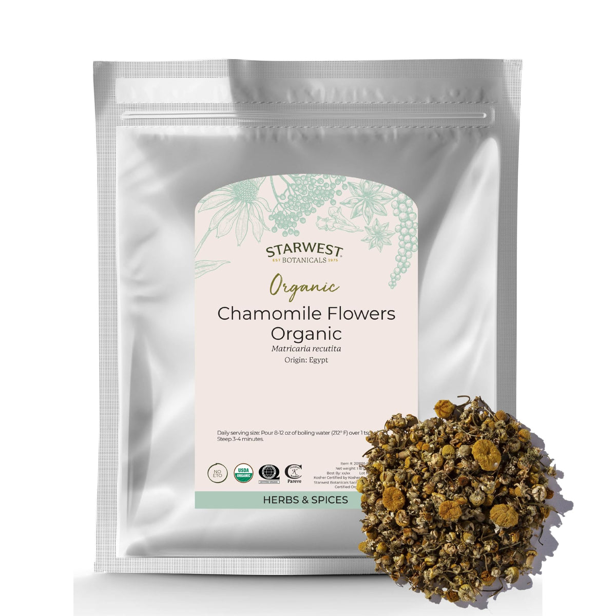 Starwest Botanicals Organic Chamomile Flowers Whole - Bulk 1 lb Bag