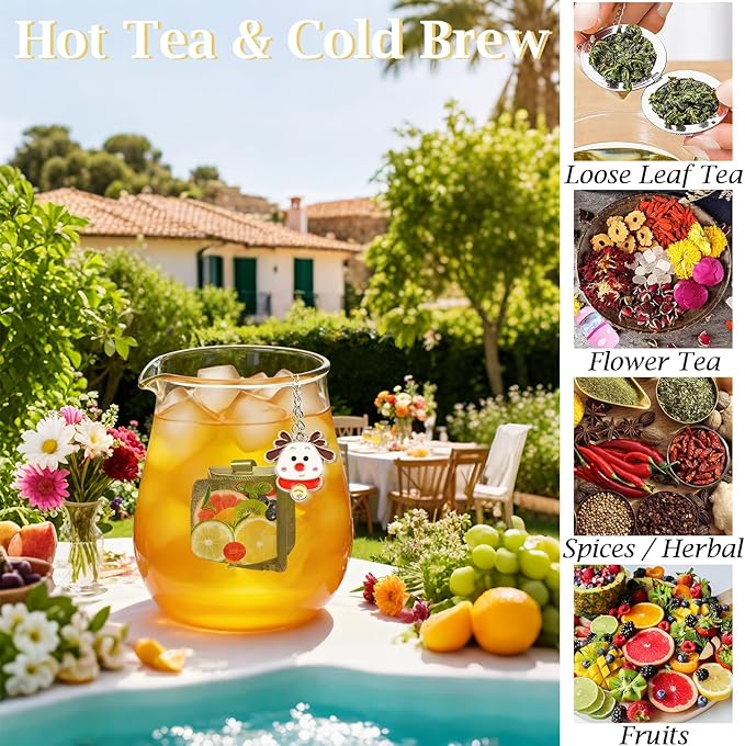 Christmas Themed Tea Ball Set, 2 PCS Cubic Tea Strainers for Loose Leaf Tea, Reusable Stainless Steel Mesh Tea Steeper, Tea Infuser with Brown Caribou and White Reindeer Pendant