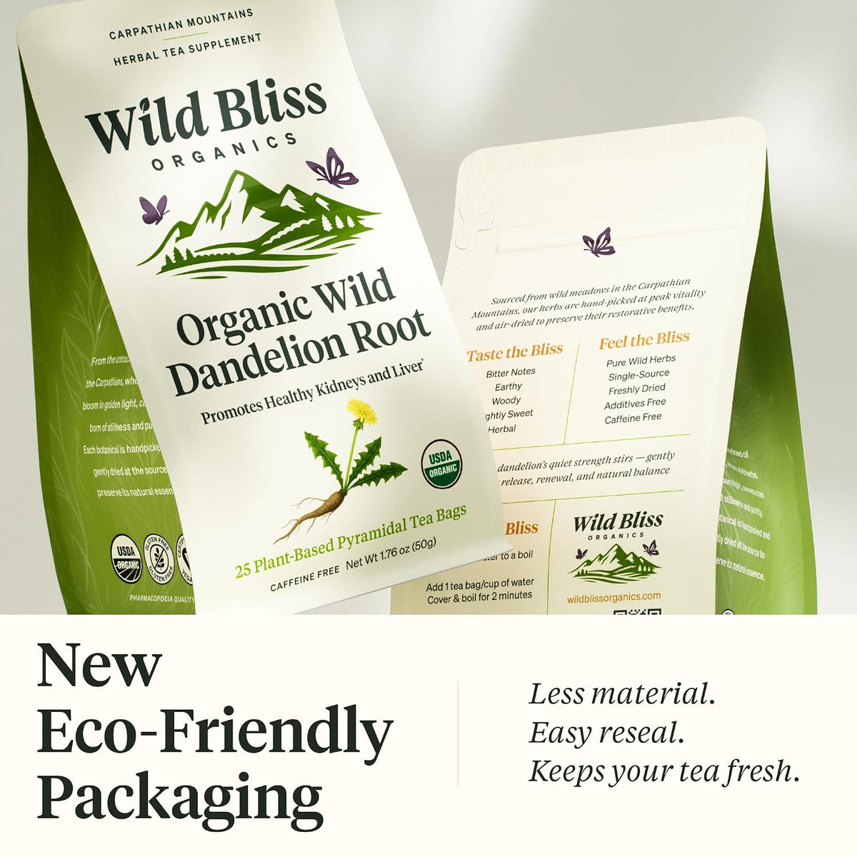 Wild Bliss Organic Wild Raw Dandelion Root Tea - Pharmacopoeia Quality Caffeine Free Herbal Support - 25 Plant Based Tea Bags