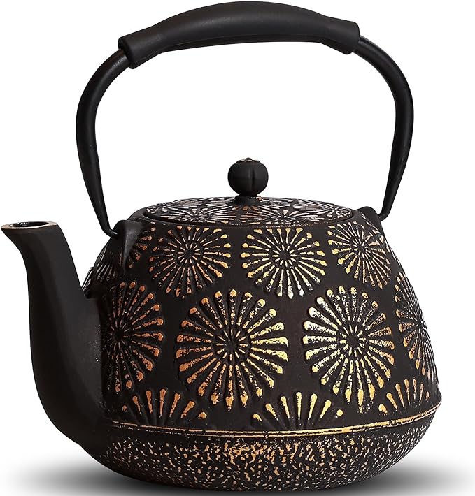 Cast Iron Teapot, 40oz Tea Kettle with Infuser for Stove Top, Sakura Design Japanese Tea Pot for Tea&Coffee Coated with Enameled Interior