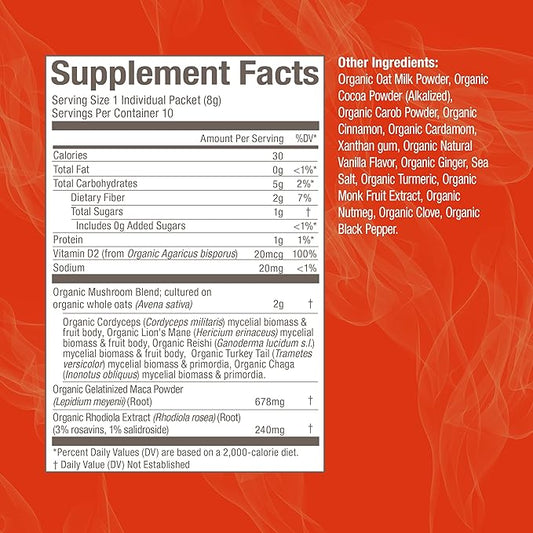 OM MUSHROOM SUPERFOOD Morning Energy Blend – Coffee-Free Mushroom Drink Mix with Cordyceps, Lion’s Mane, Rhodiola & Vitamin D2 – Natural Energy, Focus & Endurance Support – Single Serve (10 Count)