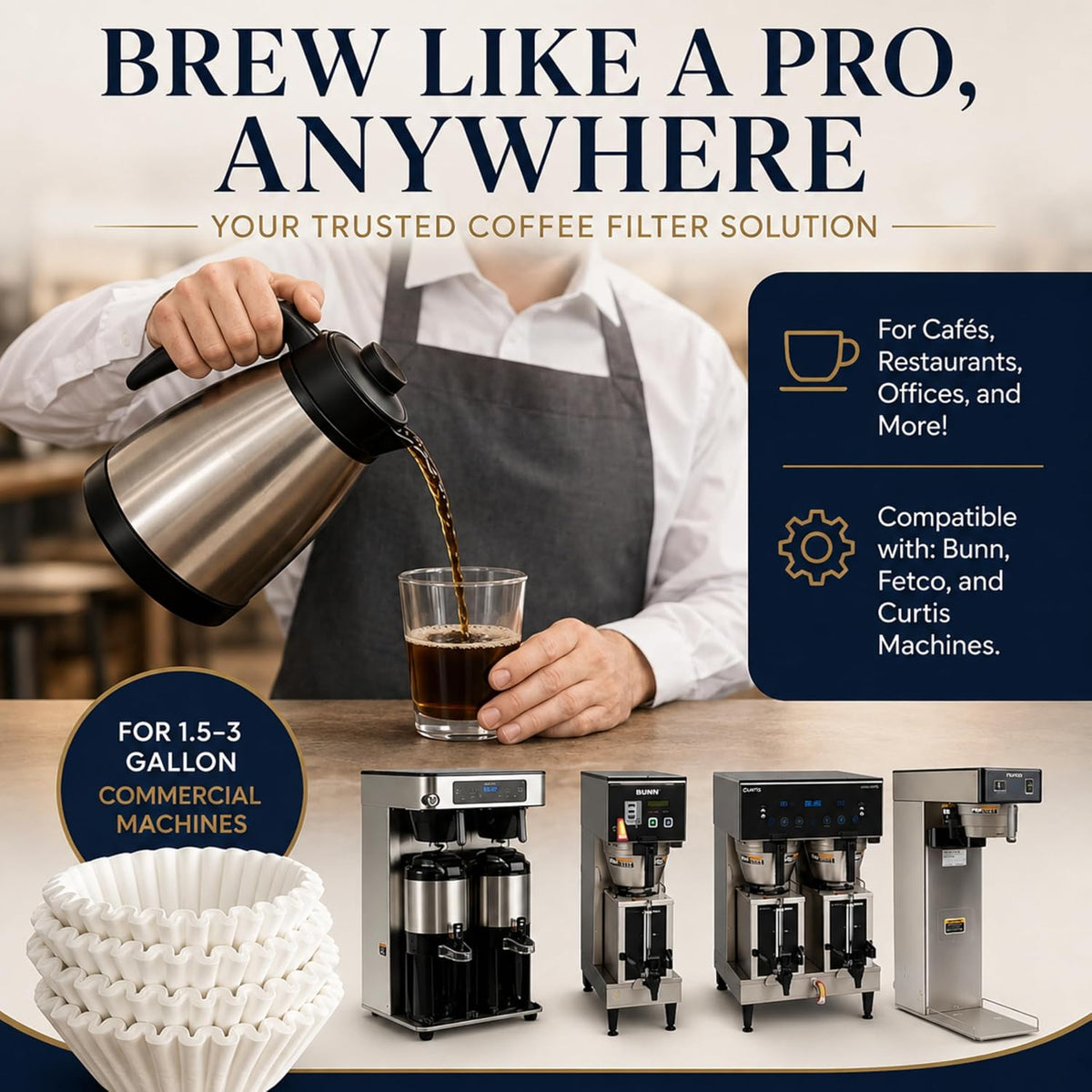 Katy’s Extra Large Commercial Coffee Filters (12.5” x 4.5”) for BUNN, Fetco &amp; Curtis 1.5–3 Gallon Coffee &amp; Tea Machines - Tall Walls, No Ground Overflow - Premium Filters for Businesses (Bulk Pack)