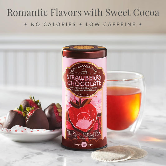 The Republic of Tea Cuppa Chocolate Strawberry Herbal Tea, 36 Count | Low Caffeine. A gentle cup for everyday sipping. Mellow rooibos with notes of soft vanilla and cocoa richness.