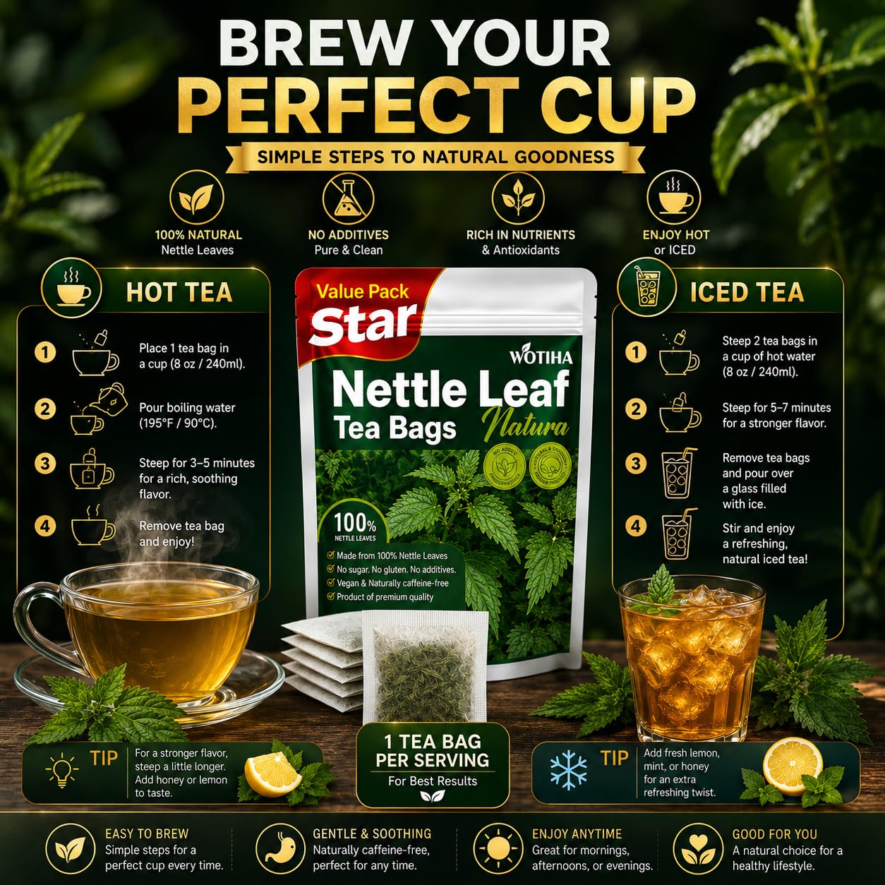 WOTIHA Premium Natural Nettle Leaf Tea Bags, 60 Count – 100% Pure Herbal Tea,Supports Kidney &amp; Joint Health Caffeine-Free, Non-GMO, Additive-Free, Gluten-Free