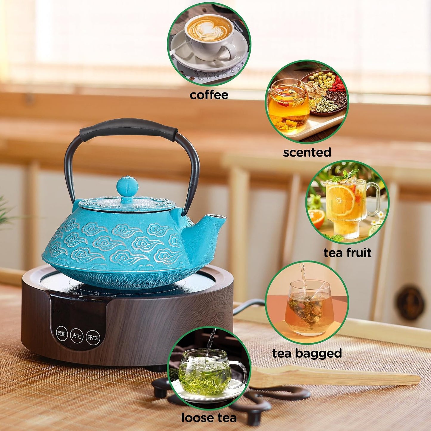 Cast Iron Teapot, Japanese Tea Pot with Infuser for Loose Leaf, Tea Kettle Stovetop Safe, Enamel Coated Interior, 27 oz (800 ml), Clouds Pattern Sky-Blue