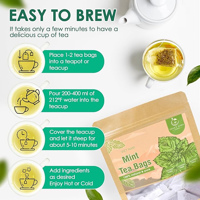 Nhat ANH Farm - Premium Peppermint Tea Bags, 40 Peppermint Tea Bags, 100% Natural Dried Mint Leaves, Naturally Sweet Herbal Tea, Sugar-Free