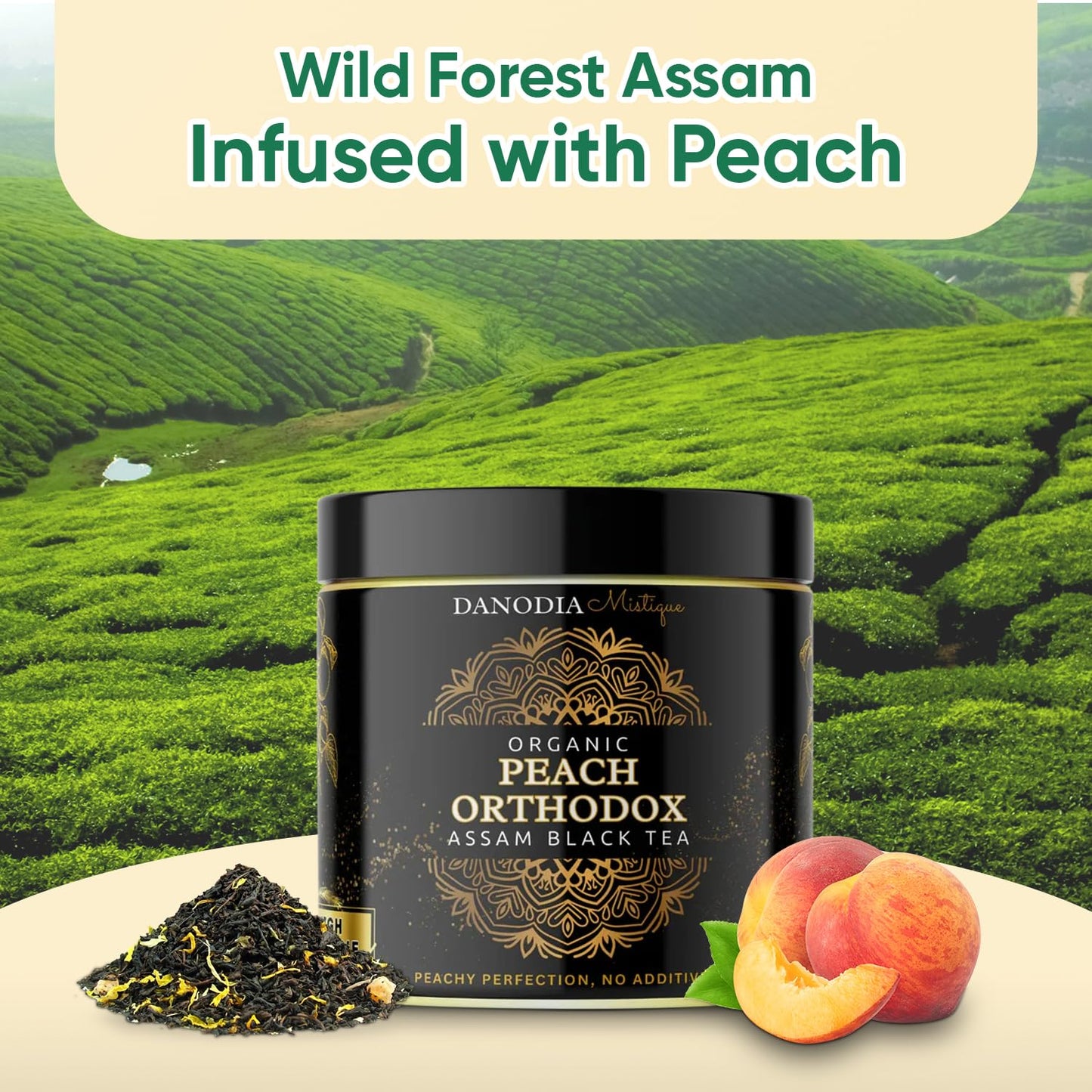 Danodia Foods Organic PEACH ORTHODOX ASSAM BLACK TEA (3.5oz/100g) 50+ servings | WILD FOREST Assam Tea Loose Leaf | Aromatic Peach Flavor | Non GMO Hand-Picked & Home Made