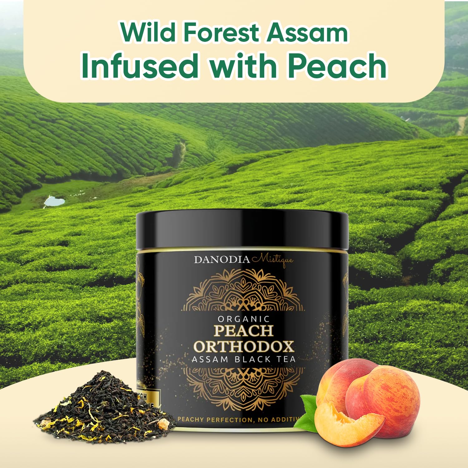 Danodia Foods Organic PEACH ORTHODOX ASSAM BLACK TEA (3.5oz/100g) 50+ servings | WILD FOREST Assam Tea Loose Leaf | Aromatic Peach Flavor | Non GMO Hand-Picked & Home Made