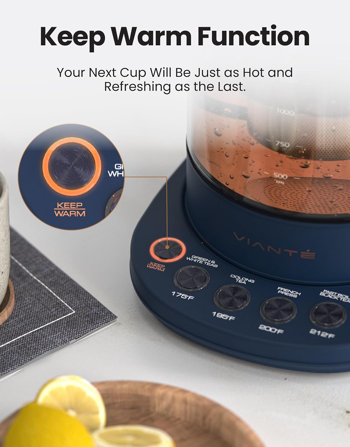 Viante Alba Electric Tea Kettle, Infuser, No Plastic, 1.5L, Midnight Blue | Borosilicate glass &amp; 304 stainless steel construction. 4 temp presets, keep-warm, cordless, auto shut-off