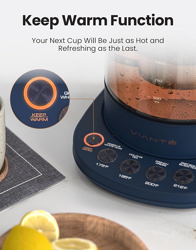 Vianté Electric Kettle With Infuser For Loose Leaf Tea. Hot Tea Maker With Temperature Control And Automatic Shut Off. Kettle With Brewing Programs