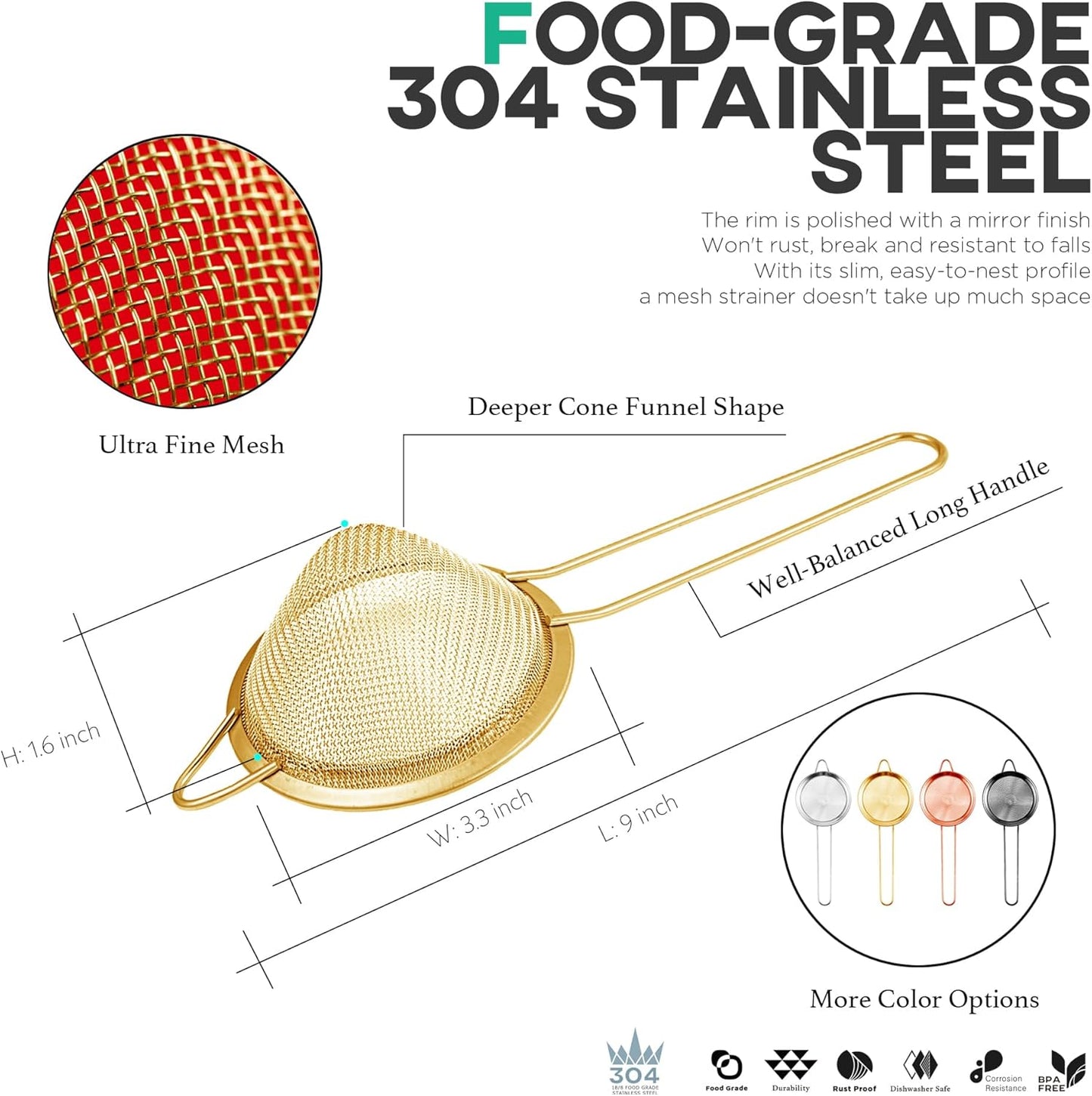 Homestia 304 Stainless Steel Fine Mesh Strainer, Sieve Sifter For Tea, Gold | 3.3'' Kitchen Small Strainer Fine Mesh, Cone Cocktail Strainer, Bar Strainer for Food, Rice, Fruits, Juicing, Drinks, Coffee