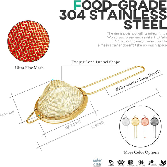 Homestia 304 Stainless Steel Fine Mesh Strainer, Sieve Sifter For Tea, Gold | 3.3'' Kitchen Small Strainer Fine Mesh, Cone Cocktail Strainer, Bar Strainer for Food, Rice, Fruits, Juicing, Drinks, Coffee