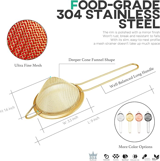 Homestia Fine Mesh Strainer for Kitchen, 304 Stainless Steel Sieve Sifters Cocktail Strainer for Food, Tea, Oil, Noodles, Coffee, Juice, Flour