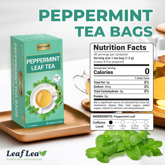 LeafLea Peppermint Tea Bags, Pure Single-Ingredient Mint Tea, 40 Count | Just Real Peppermint Leaves, Cool Refreshing Taste, Te De Menta, Caffeine-Free, Vegan, Individually Foil-Wrapped