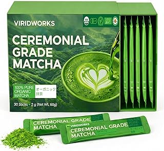 Viridworks Organic Matcha Green Tea Powder Stick Packs - Ceremonial Grade (First Spring Harvest) - Unsweetened Single Serve Packets - USDA, JAS & Rainforest Alliance Certified - 100% Pure & No Additives - 30 Count (Total 60g / 2.12 oz)