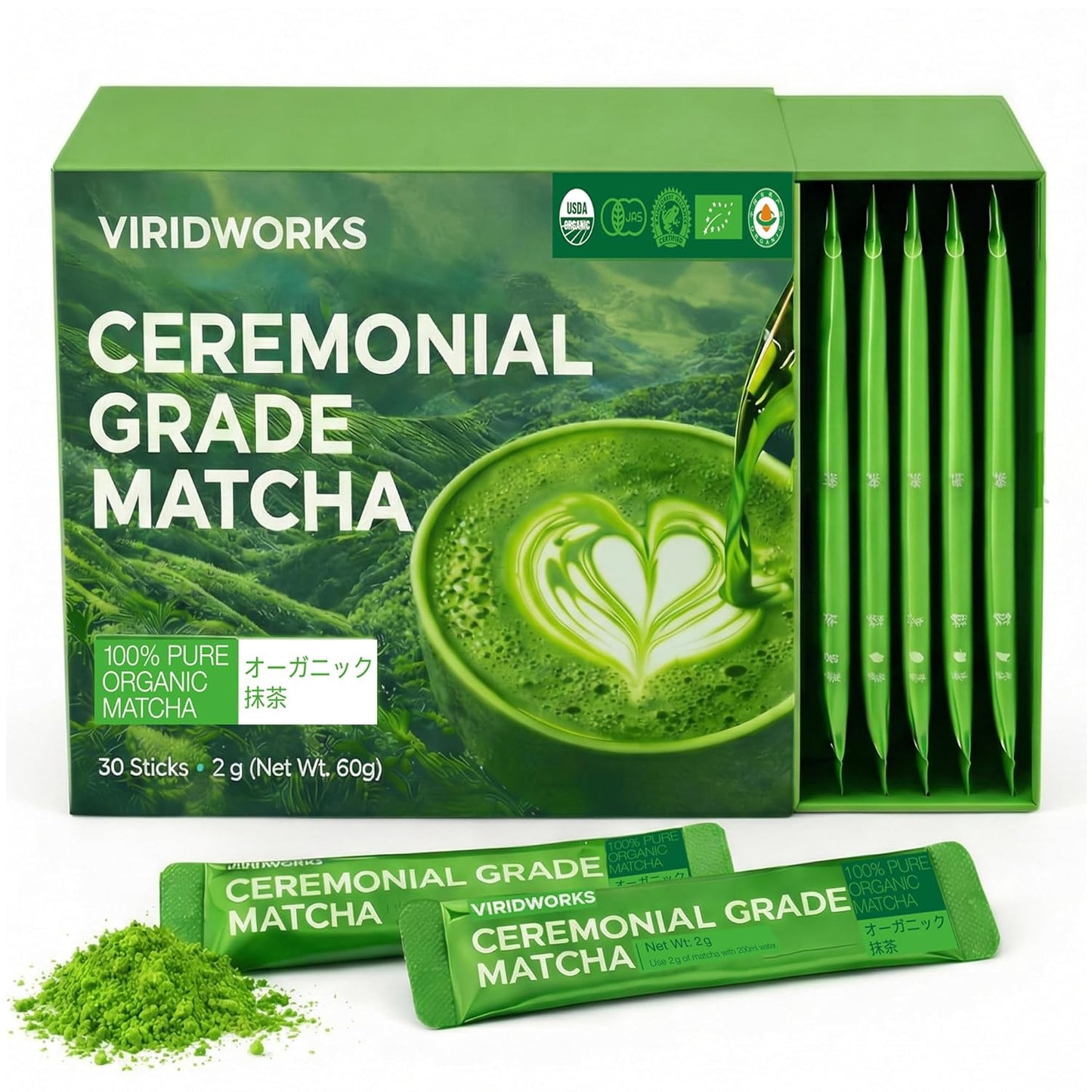 Viridworks Organic Matcha Packets - Ceremonial Single Serve Sticks, 30 Ct