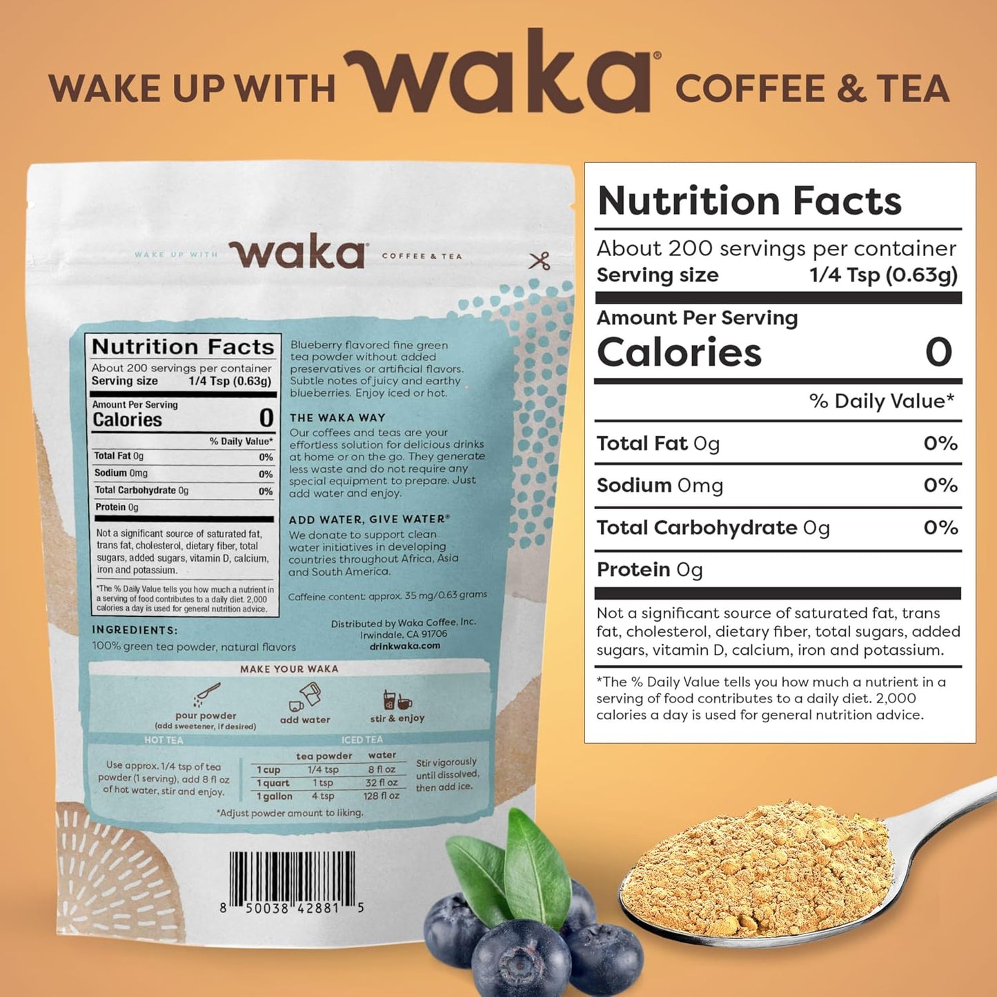Waka Instant Green Tea Mix, Blueberry Flavored, Sugar-Free, 4.5 oz | Naturally Flavored, Unsweetened Concentrated Green Tea Powder, Makes up to 200 Hot or Iced Cups