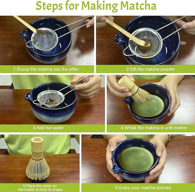 Matcha Whisk Set 6 pc Kit - Traditional Japanese Chasen, Bamboo Whisk Holder, Ceramic Bowl with Spout, Sifter & 2 pc Spoons - matcha kit set
