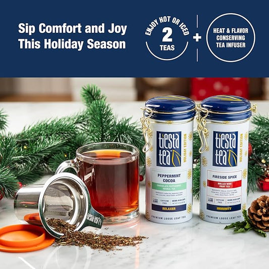 Tiesta Tea - Holiday Cheer Tea Gift Set, Loose Leaf Holiday Blends with Infuser, Non-Caffeinated, Stainless Steel Brewbasket & 2 Refillable Tin Combo, Fireside Spice & Peppermint Cocoa