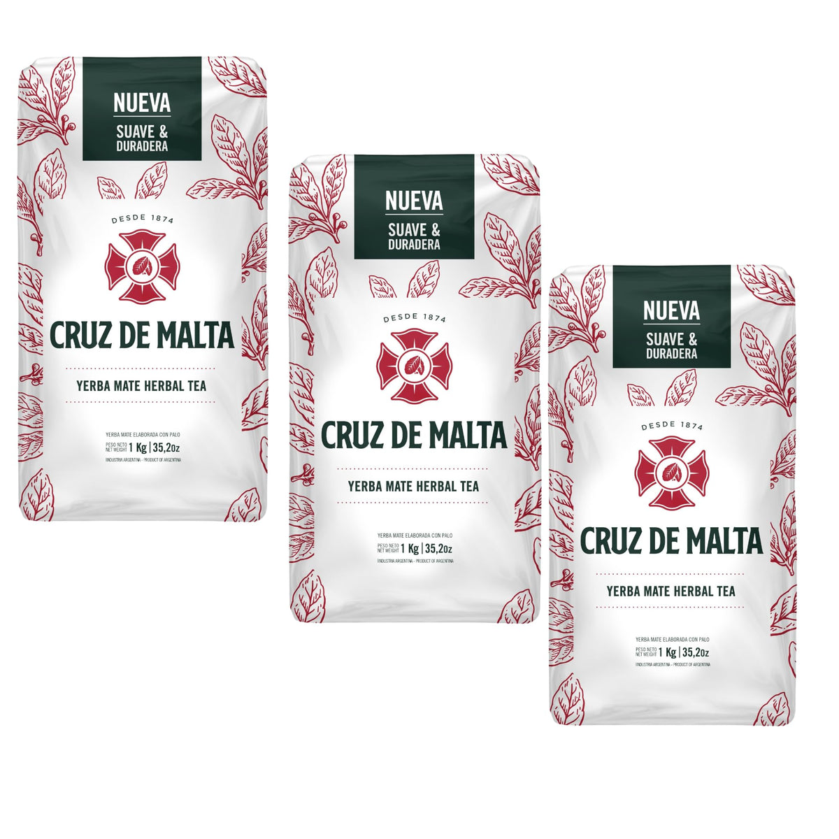 Cruz de Malta Yerba Mate - Suave y Duradera 2.2 Lb - 1Kg - Pack of 3