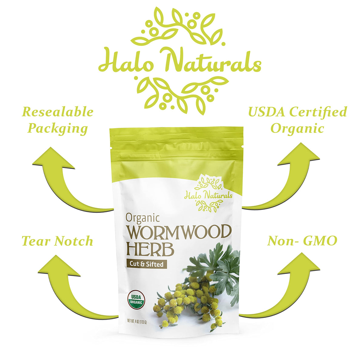 Halo Naturals Organic Wormwood Herb Cut & Sifted, 4 Ounces (Artemisia Absinthium) USDA Certified Wormwood Tea | Non-GMO