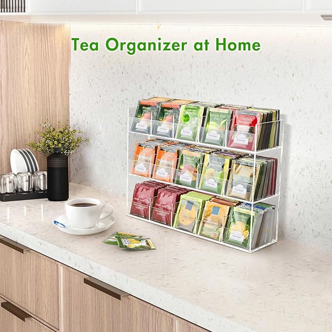 Beygorm Acrylic Tea Bag Organizer for 270 Tea Packets, No Assembly Required Display Holder for Countertop, Vertical Tea Bag Caddy for Cabinet