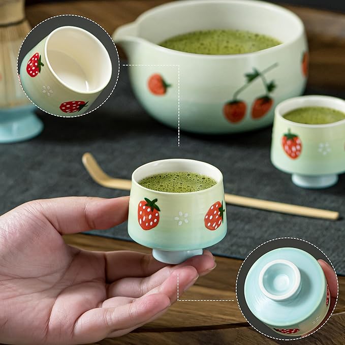 Matcha Whisk Set, Cute Strawberry Matcha Bowl Set with 2 Cups, Bamboo Whisk, Scoop & Holder, Matcha Kit Gift for Tea Lovers and Tea Ceremony