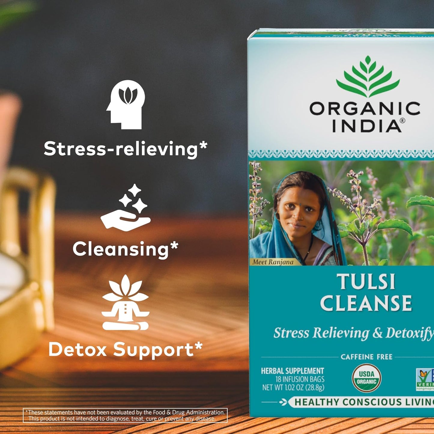 Organic India Tulsi Cleanse Detox Tea - Holy Basil, Ginger, Turmeric, Herbal Tea, Stress Relieving &amp; Cleansing, Immune Support, Adaptogen, Organic, Non-GMO, Caffeine-Free - 18 Infusion Bags, 6 Pack