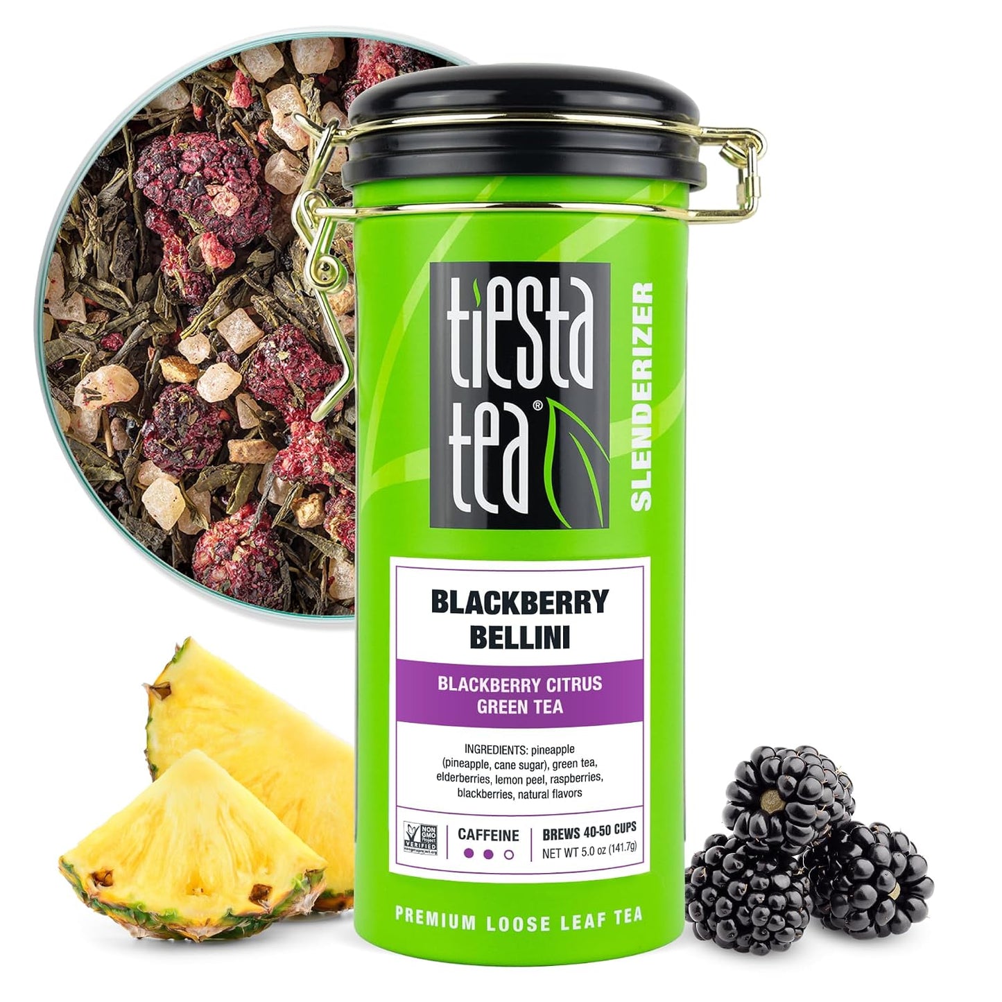 Tiesta Tea - Blackberry Bellini, Premium Loose Leaf Blend | Blackberry Citrus Green Tea, Premium Blend, Medium Caffeine Green Tea, Hot or Iced, 50 Cups, 5 Ounce Refillable Tin