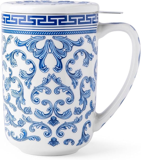 AmorArc Porcelain Tea Mug with Infuser and Lids, 18 Oz Large Cup Strainer with Bag Holder for Loose Leaf Tea