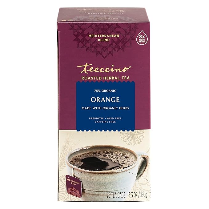 Teeccino Orange Herbal Tea - Enjoy Hot or Iced Tea Made with Roasted Chicory, Carob & Barley, Prebiotic, Caffeine Free, Acid Free, 25 Tea Bags
