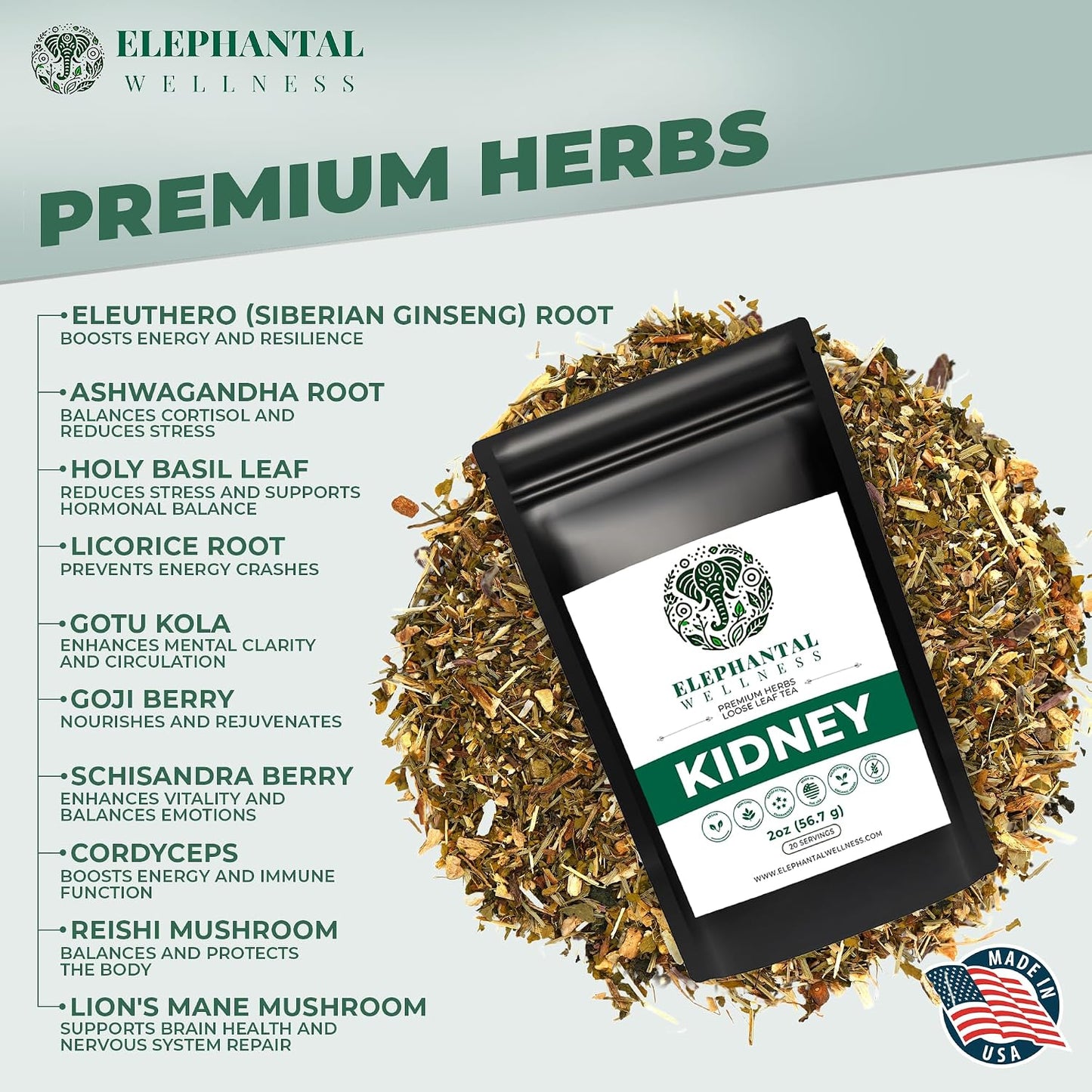 Elephantal Wellness Premium Kidney Herbal Tea | Urinary Tract &amp; Kidney Support with Dandelion, Gravel Root, Goldenrod &amp; Marshmallow | Handmade, Caffeine-Free, Non-GMO Loose Leaf Blend, 2oz, 20 Servings