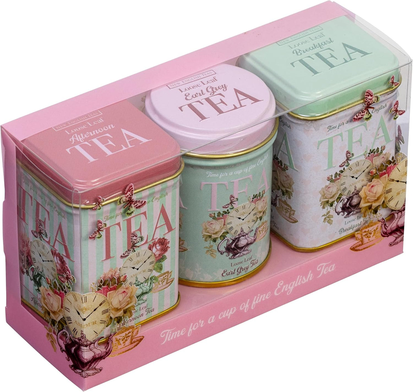 New English Teas Time for Tea Vintage Tea Tins with 2.5 oz Loose Leaf Tea | English Breakfast Tea + Earl Grey Blends, Black Tea, Gifts for Tea Lovers