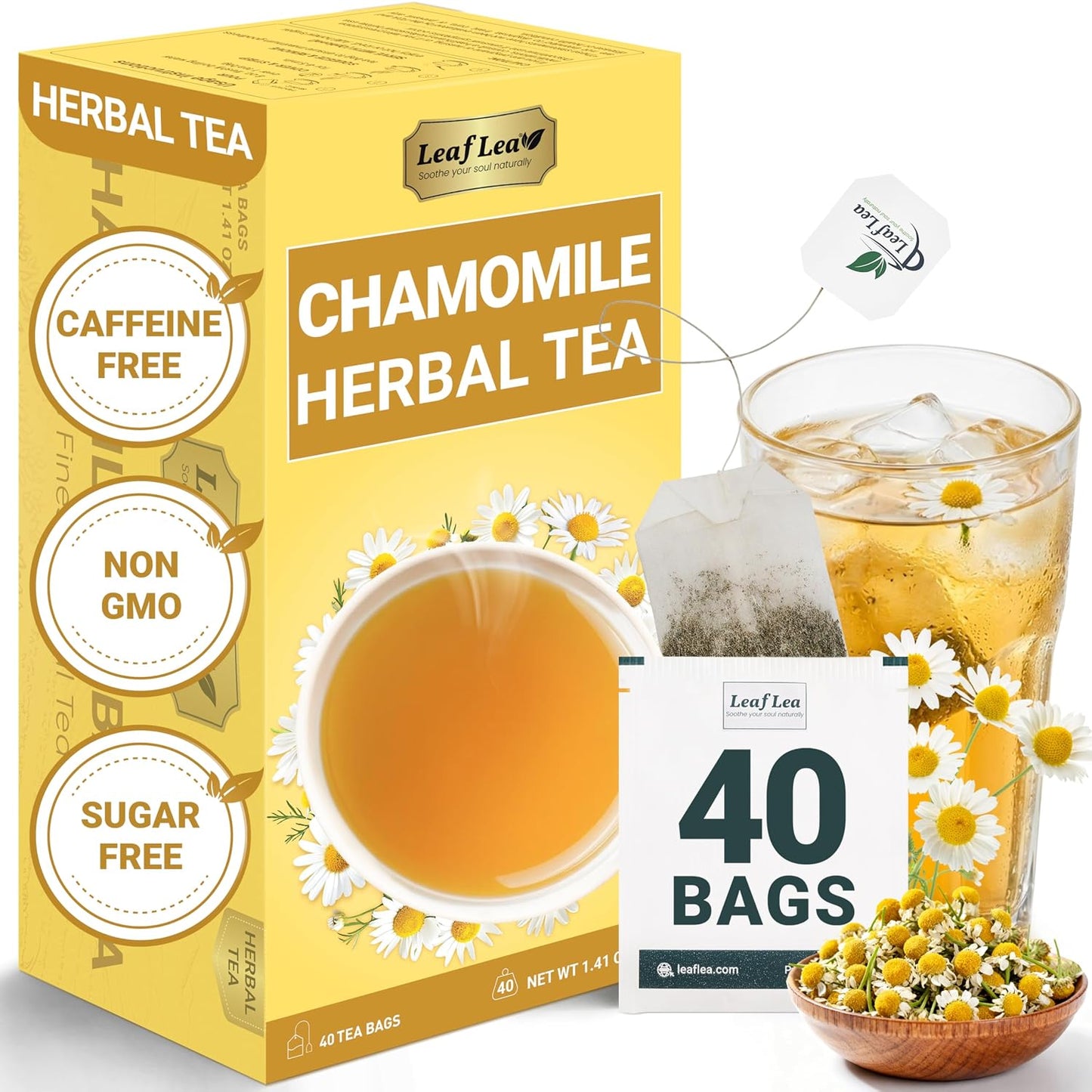 LeafLea Chamomile Herbal Tea Bags, Evening Bedtime Routine, 40 Count | From Chamomile Flowers, Gentle Floral Scent, Clean Smooth Finish, Caffeine-Free, Sugar-Free, Individually Wrapped