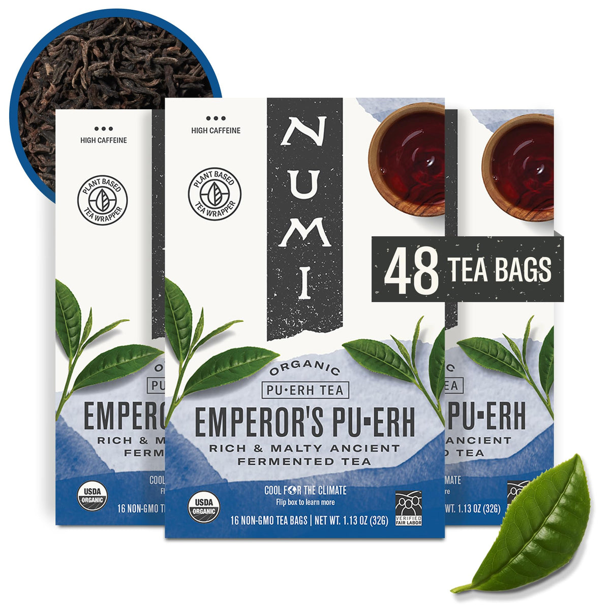 Numi Organic Emperor's Pu-erh Tea, 48 Dark Tea Bags, High Caffeine