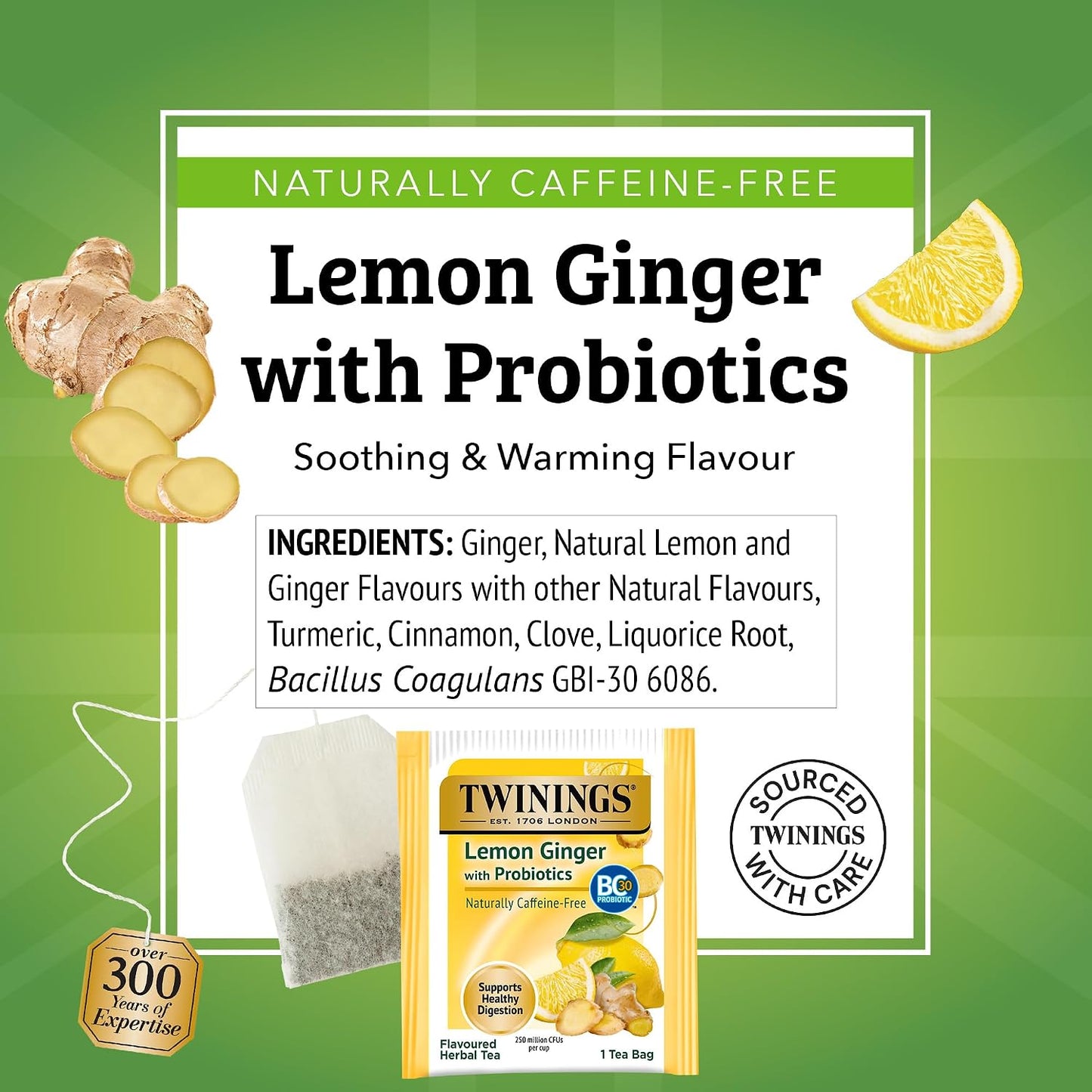 Twinings Lemon &amp; Ginger with Probiotics Herbal Tea Bags 18 CT Box (6 Pack)