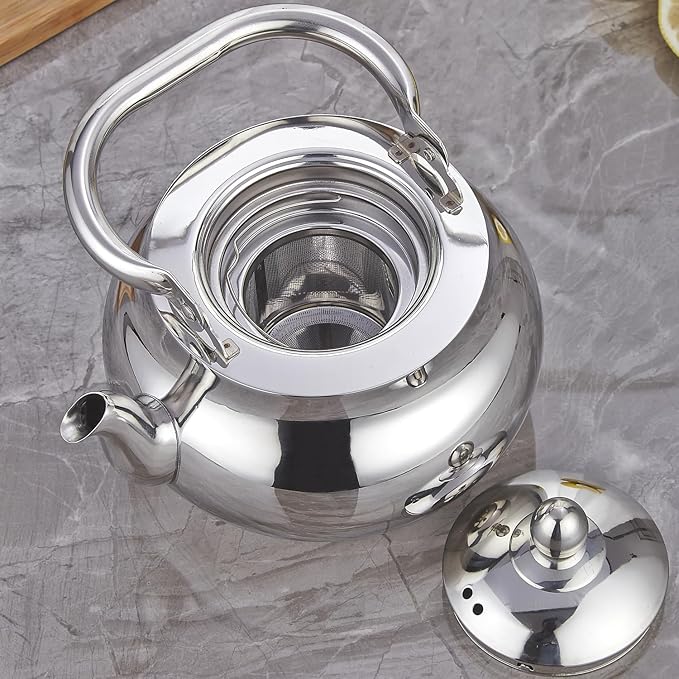 Sanqiahome Stainless Steel Teapot With Removeable Infuser 71 oz (2000ml) Thickened Mirror Polished Stovetop Tea Maker for Herbal and Infusion