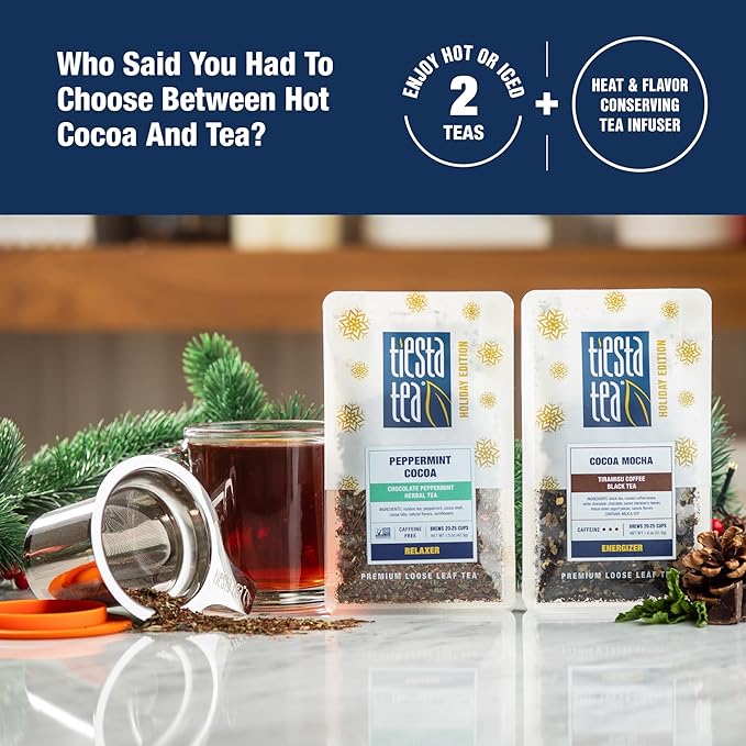 Tiesta Tea - Hot Cocoa Loose Leaf Tea Gift Set, High to Non-Caffeinated, Stainless Steel Brew Basket & 2 Resealable Pouches, Cocoa Mocha & Peppermint Holiday Blends