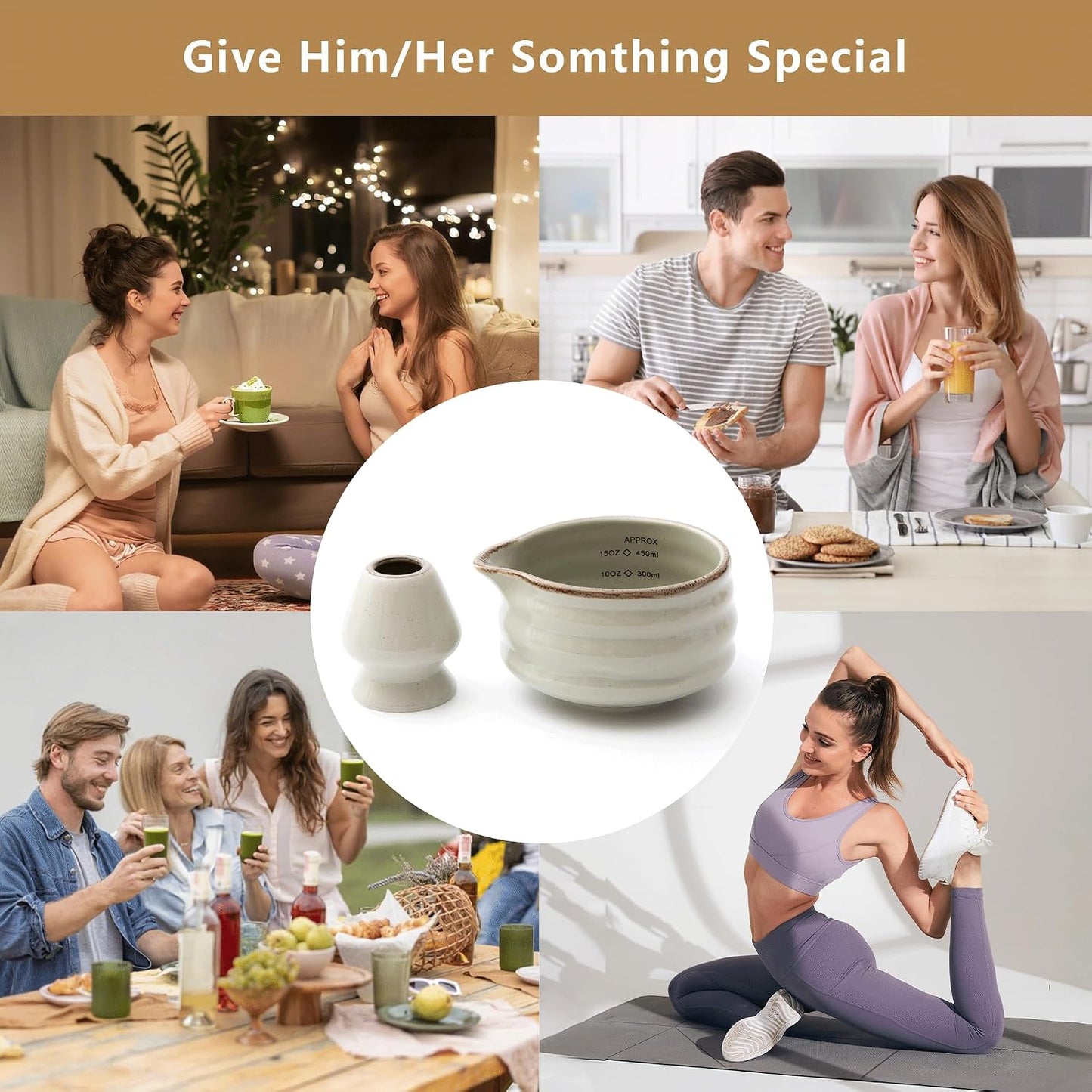 Ceramic Matcha Bowl with Bamboo Whisk Holder, Grey, Set of 2 | 16.5OZ Bowl with Spout and Measurement Marks, Japanese Tea Mixing Bowl with Whisk Stand, Matcha Gift Set, Ideal Gift Choice