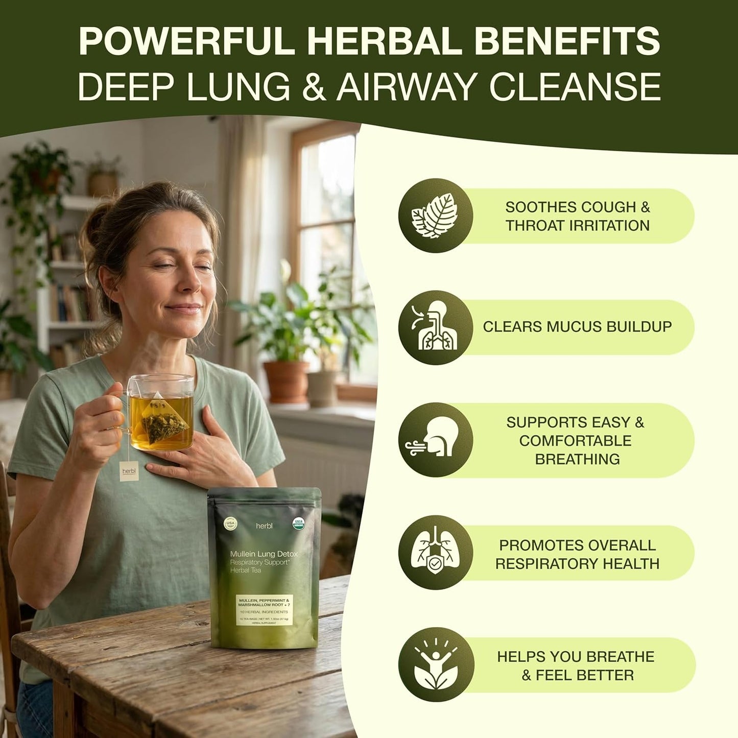 Organic Mullein Tea - Lung Detox Tea for Better Lungs - Respiratory Tea With Mullein, Marshmallow Root, Peppermint, Spearmint, Licorice Root, Thyme and Extra Herbal Ingredients - The Ultimate USDA Organic Lung Detox Tea