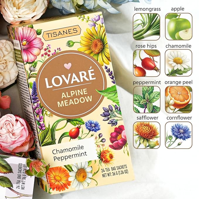 Lovare Alpine Meadow Herbal Tea – Flavorful Blend with Fruits & Flowers, chamomile, peppermint – Caffeine-Free, Fragrant & Refreshing