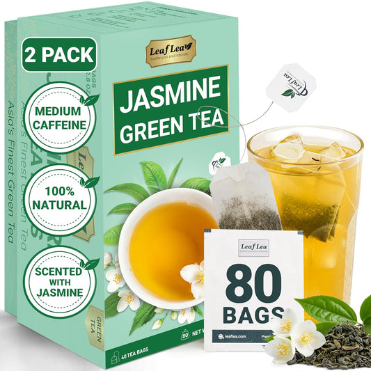 LeafLea Jasmine Green Tea Bags, Light Focus &amp; Daily Balance, 80 Count | Green Tea Naturally Scented With Jasmine, Delicate Floral Taste, Caffeinated, Sugar-Free, Vegan, Individually Wrapped