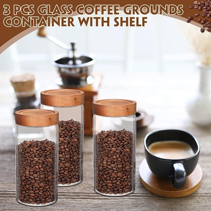 Suclain 3 Pcs Glass Coffee Grounds Container with Shelf 44 oz Glass Coffee Canisters with Airtight Lid and Measuring Spoon Kitchen Food Canister Jars
