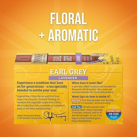 Twinings Earl Grey Lavender Black Tea Individually Wrapped Bags, 20 Count (Pack of 6), Citrus, Bergamot & Floral, Caffeinated, Enjoy Hot or Iced, 120 Teabags