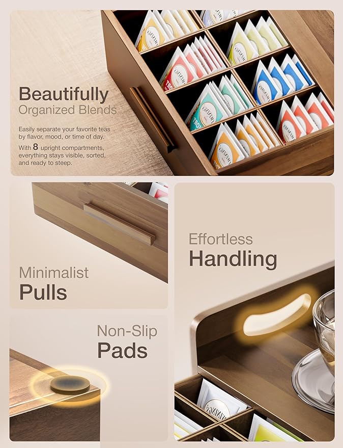 Tinamo Acacia Wooden Tea Box Organizer with Drawer – Tea Chest for Tea Bags Storage – Tea and Coffee Organizer - Wooden Tea Tray and Containers for Countertop Display (Walnut)