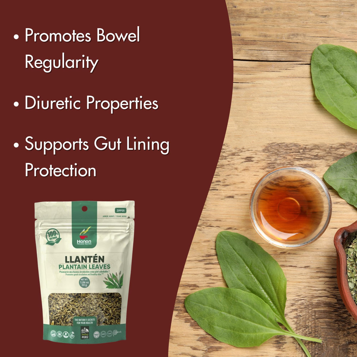 HANAN PERUVIAN SECRETS Hanan Plantain Leaf Tea (Llanten) 1.1 oz (30 g) - Loose, Dried Llanten Plant Leaves from Peru, 1.06