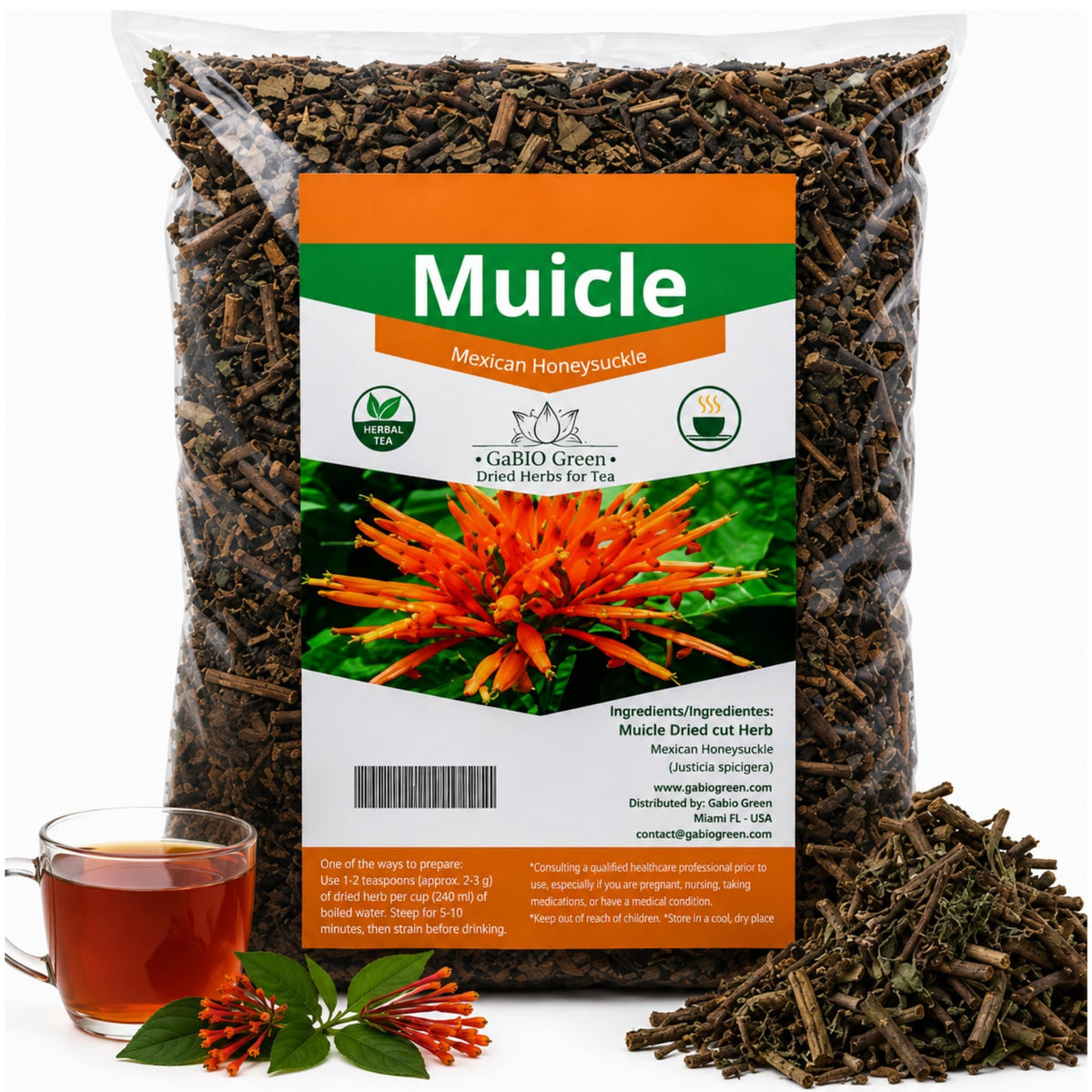 Muicle Herbal Tea – Mexican Honeysuckle Loose Leaf – 100% Single Ingredient, Caffeine Free – Gabio Green – 4.1 oz